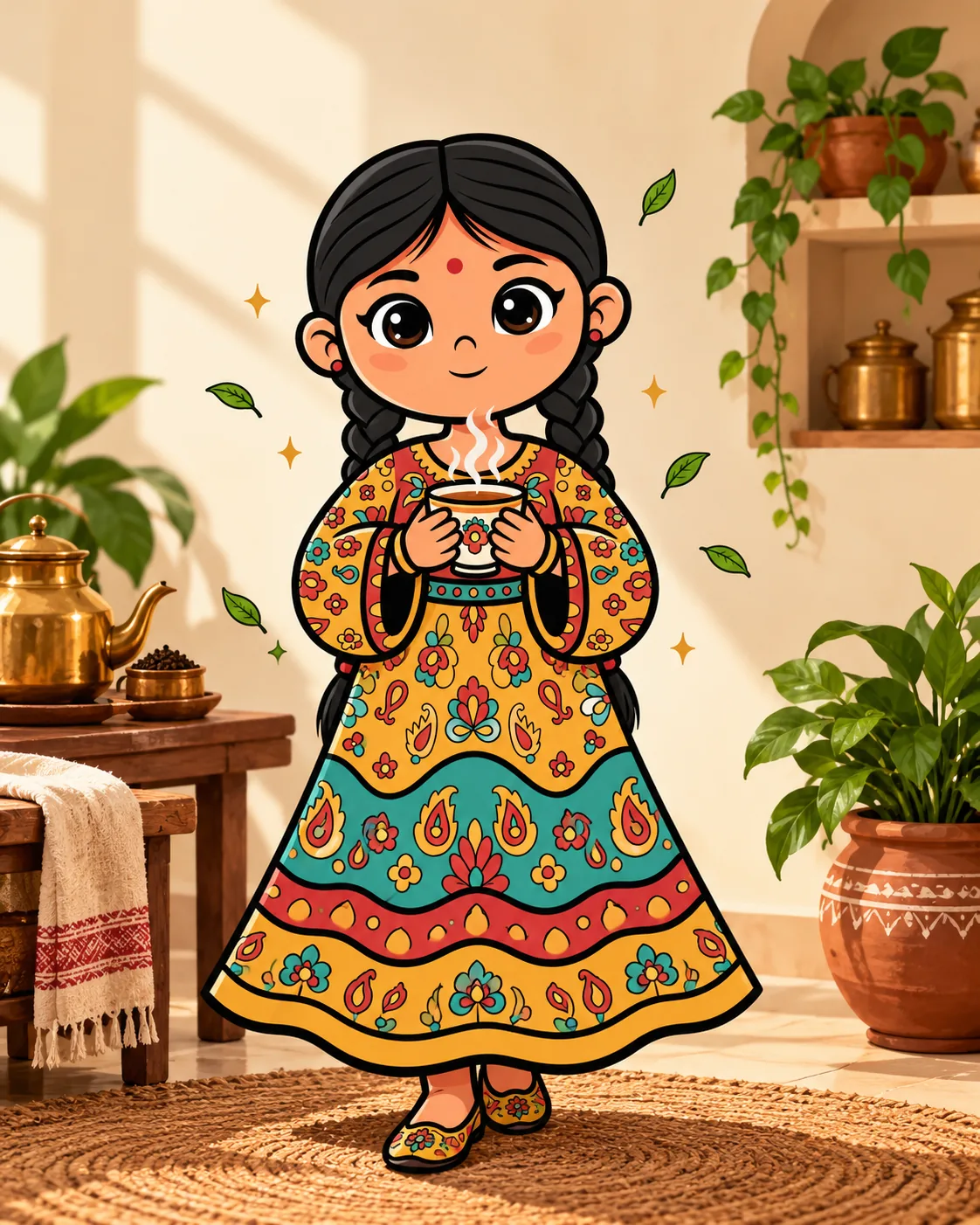 Sampurni Tea's cheerful illustrated chai companion holding a warm cup