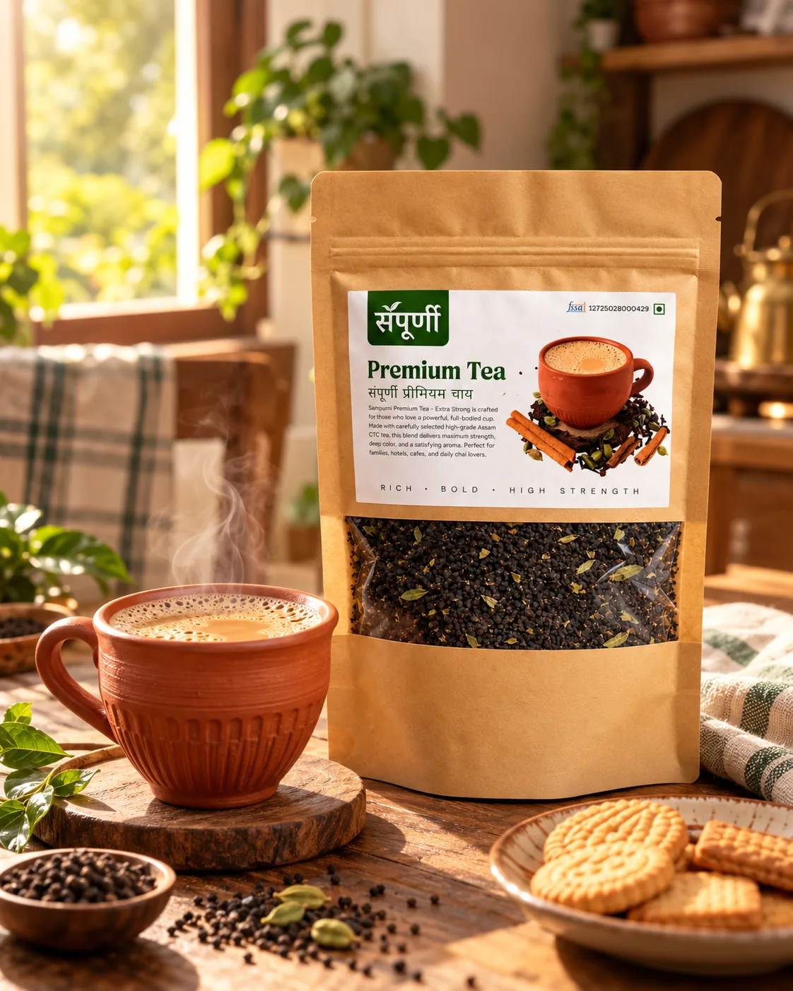 Sampurni Premium Assam Tea pouch with a steaming cup of chai in a warm Indian home