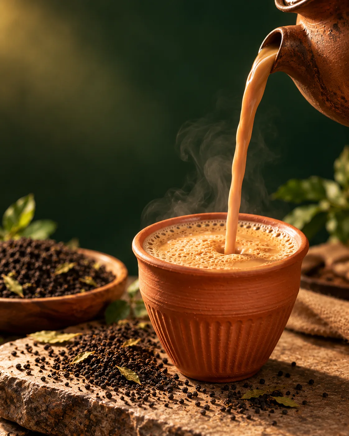 Warm milk chai being poured into a rustic terracotta kulhad