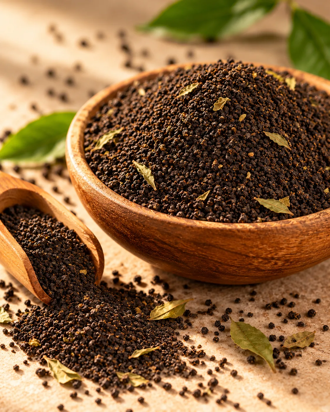 Close-up of dark Assam CTC tea granules