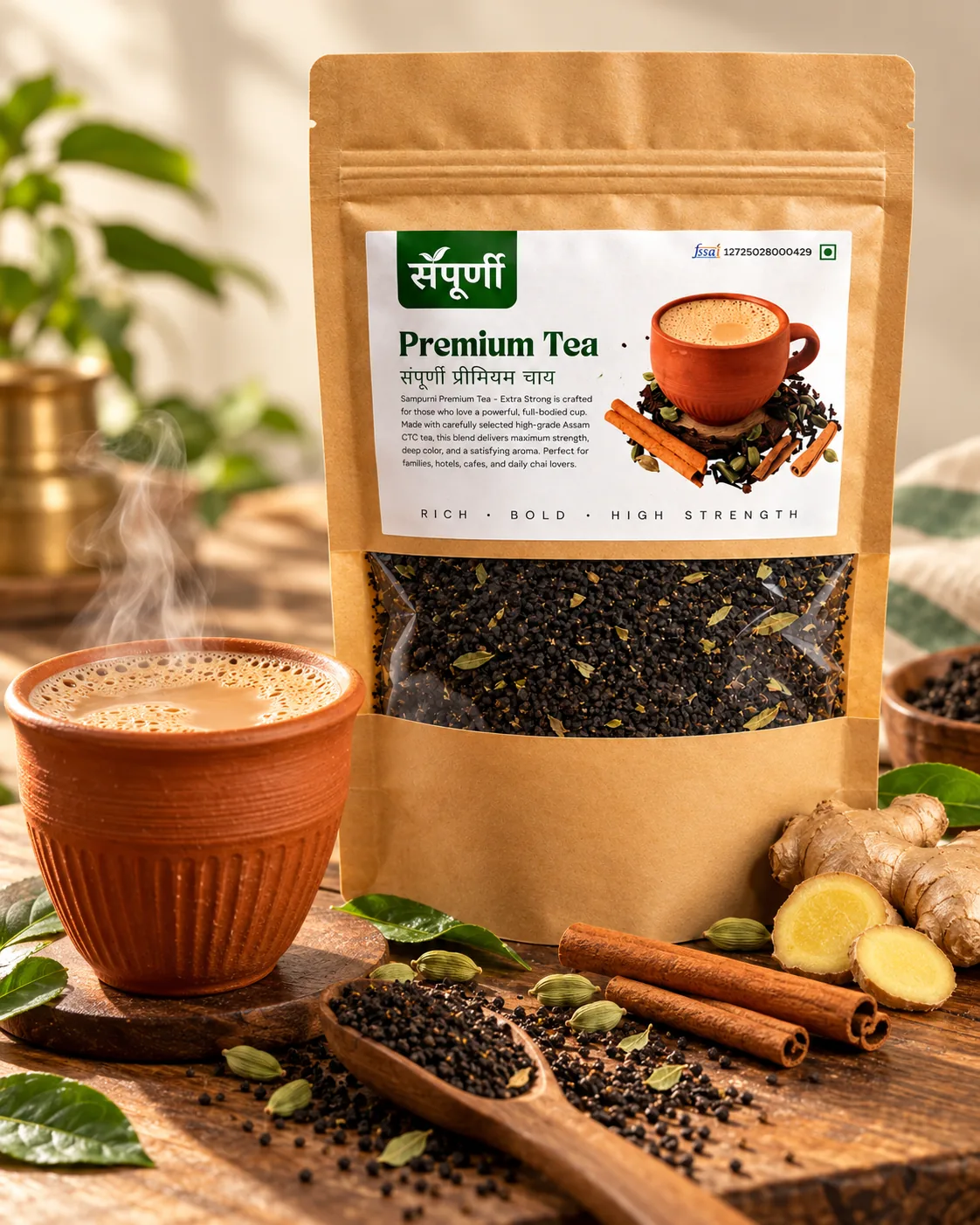 Sampurni Premium Tea pouch and a steaming terracotta cup of milk chai