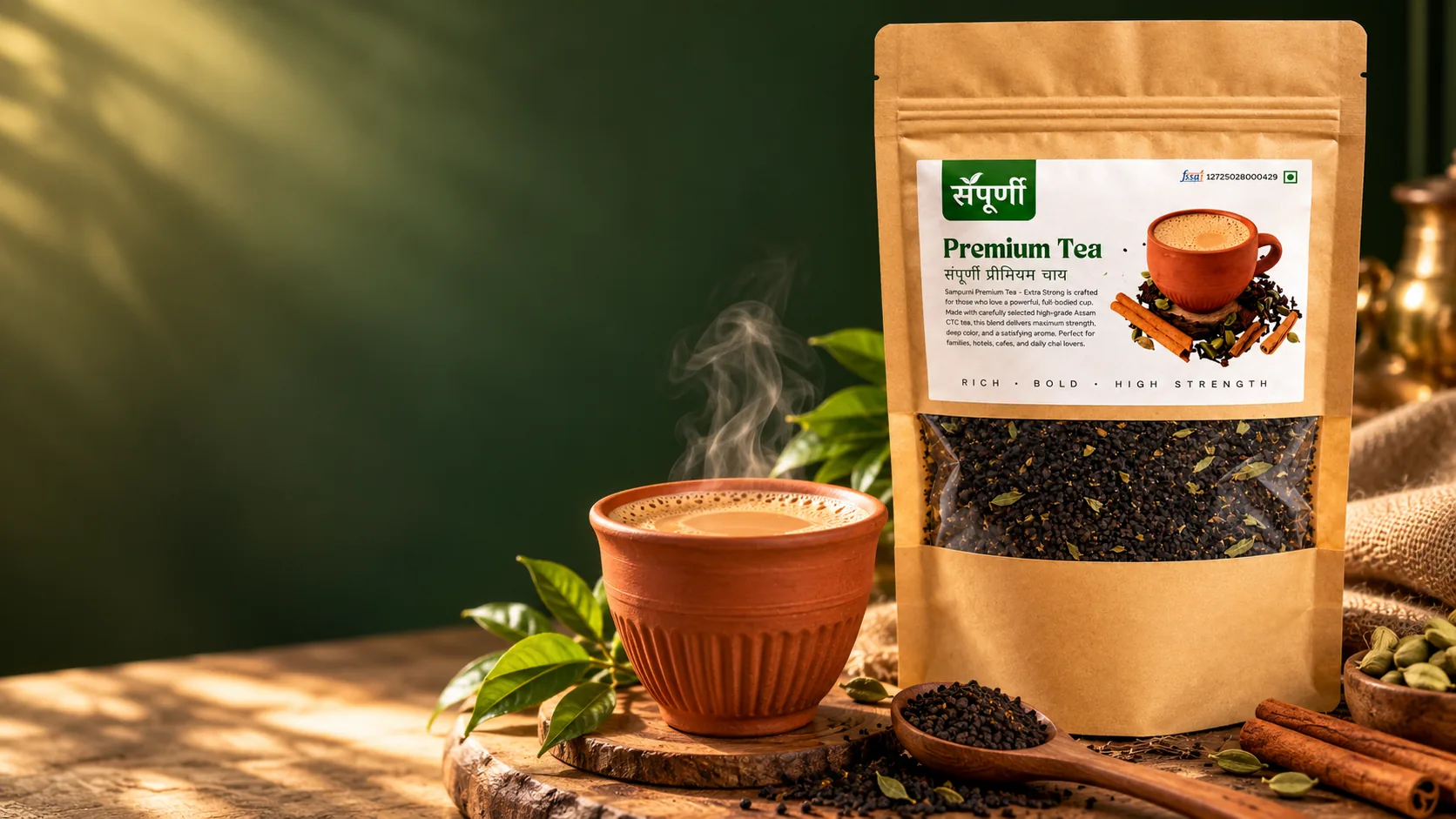 Sampurni Premium Tea product pouch and steaming chai styled on a rustic wooden table
